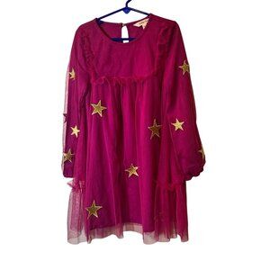 Matilda Jane Girls Pink Tulle Dress W/ Gold Star Appliqués Size 6 Long Sleeve Ke